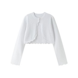  White cropped cardigan with scalloped edges, perfect for party fashion accessories.