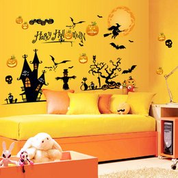 "Halloween Stickers - Spooky silhouettes of haunted houses, bats, pumpkins, and witches on a bright orange and yellow background. Perfect for decorating walls and adding a festive touch to any space."