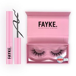 Makeup kit containing false eyelashes and eyeliner in a pink and black packaging. The eyelashes appear to be long and voluminous, suitable for a bold, glamorous eye look. The product is marketed as a "BADDIE STARTER KIT" for the eyes.