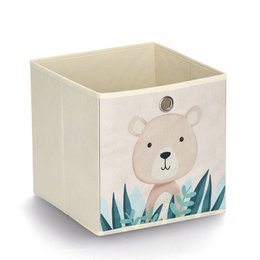  Beige fabric storage box with cute bear face design and green leaf pattern, square shape kids organizer