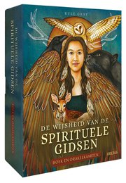 A hardcover book with a woman wearing golden wings and an owl on the cover. The title "De wijsheid van de spirituele gidsen" suggests the book contains spiritual guidance.