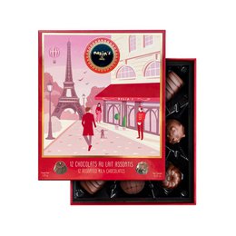 A box of 12 exclusively milk chocolates, weighing 120 g. The chocolates are presented in a red and gold gift box with a decorative pattern.
