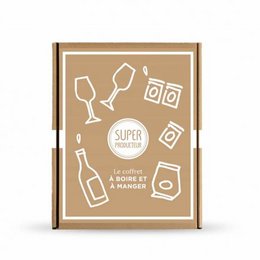 Flat food and drink gift box with icons for wine, cocktail, and camera.