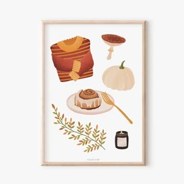 Autumn-themed poster featuring a pumpkin, leaves, and other cozy fall elements. Warm color palette and illustrated style.