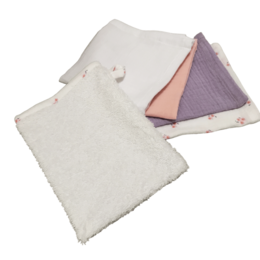  Soft, absorbent washcloth set with mini floral pattern in pink and white colors.