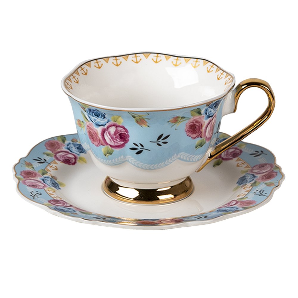 Kop en Schotel 160 ml Blauw Wit Porselein Bloemen Servies