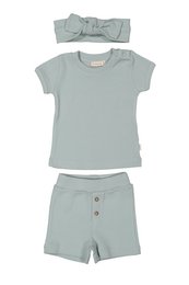 Organic cotton ribbed 3-piece baby set in green and powder pink colors, including a t-shirt, bandana, and shorts. The set features a soft, comfortable ribbed texture and is suitable for babies aged 6-24 months and toddlers aged 3-4 years.