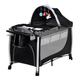 A black and grey baby cot with a canopy and mobile toys. The cot has a rectangular shape and appears to be made of metal and fabric.