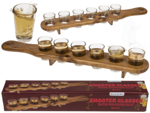 Schietglas, set van 6 stuks. met houten lat,