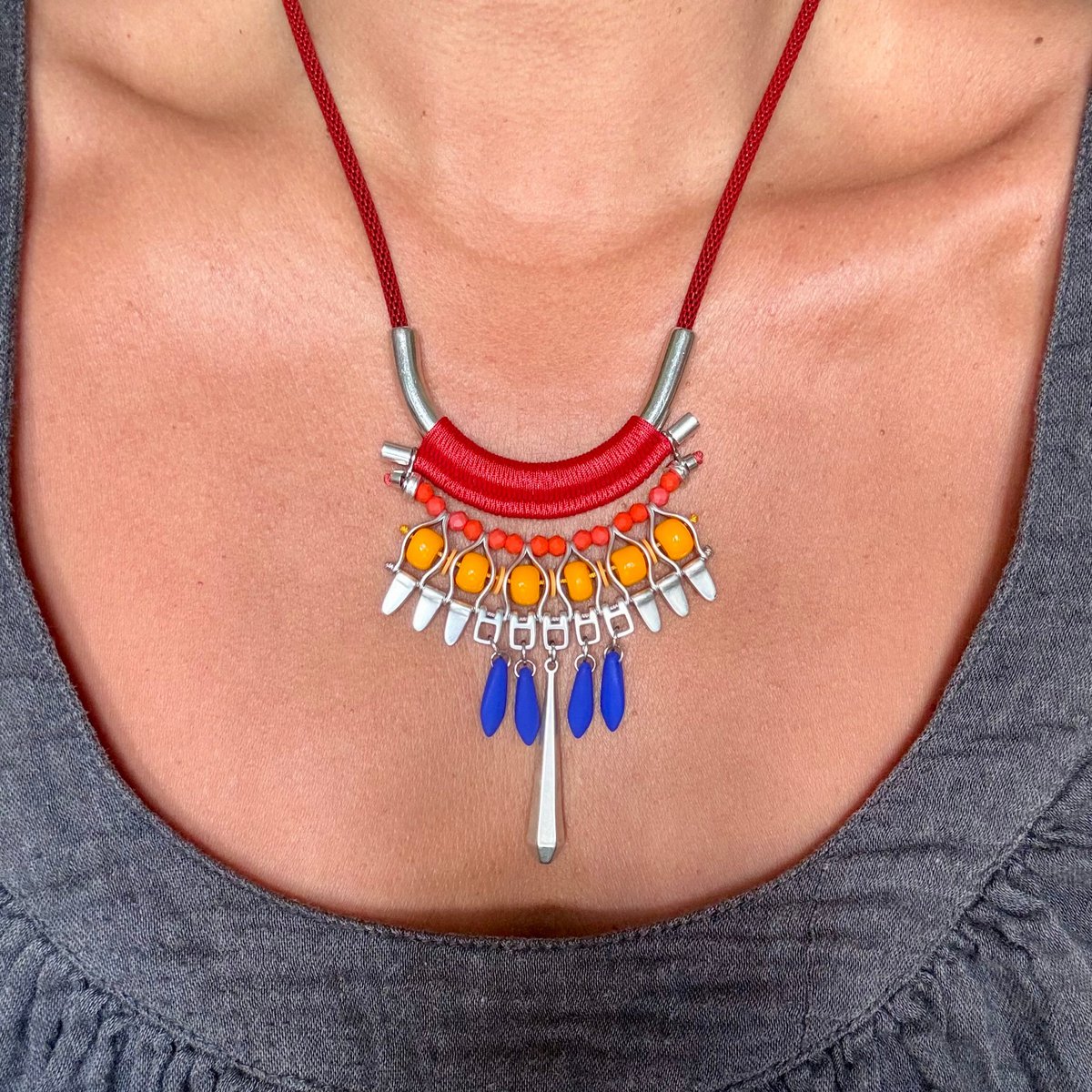 MEXICO red and blue statement necklace with colorful beads and pendants