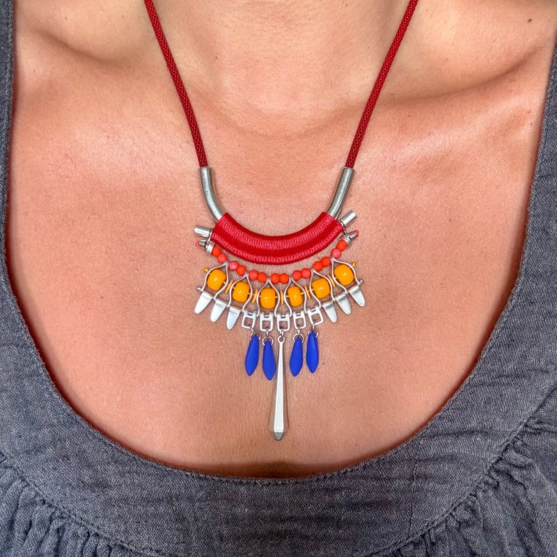 MEXICO red and blue statement necklace with colorful beads and pendants