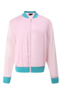 EU-LAGER Betty Blush Pinke Satin-Bomberjacke mit Aqua-Besatz