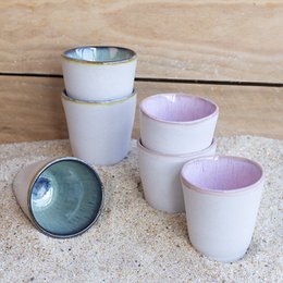  Set of 2 white espresso cups with colored interiors, green pink blue ceramic, minimalist design, metallic rim.