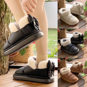 Winter Women Cute Warm Ankle Boots Outdoor Non-slip Thick Sole Snow Boots Furry Bow Cotton Shoes Men Pu Waterproof Plush Boots