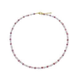 This necklace features a delicate design with rose quartz, moonstone, and lepidolite beads in a gold-tone setting. The necklace has a feminine, elegant style.