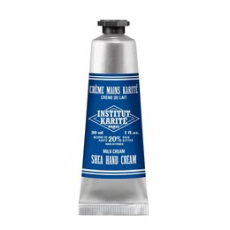 A 30 mL tube of Shea Hand Cream with a creamy, moisturizing formula. The hand cream is packaged in a blue and silver tube with the Institut Karite Paris logo.