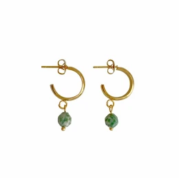 Green Spot Jasper Earrings with gold-tone hoops and green gemstone drops.