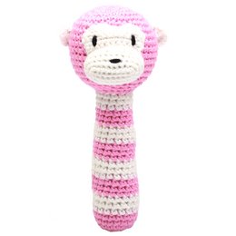 A pink and white striped plush rattle in the shape of a monkey, designed for babies and young children.