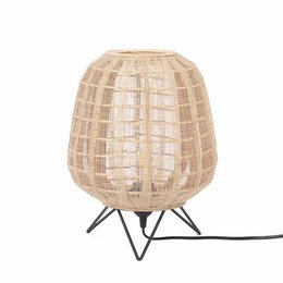 A table lamp with a beige woven rattan shade and a black metal base, designed for use in a child's bedroom or nursery.