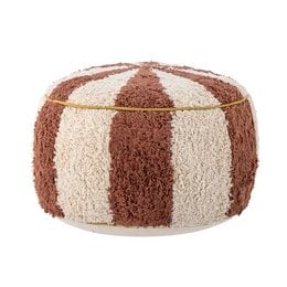 Brown and cream striped round cotton pouf, soft textured ottoman stool, boho style seating cushion.