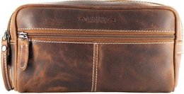 Leather toiletry bag with multiple compartments, suitable for men or women. Made of high-quality brown leather material with a durable and stylish design.