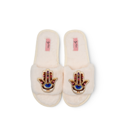  Pair of hamsa hand brooches, embroidered design, cream and pink fuzzy slippers with protective hand symbol