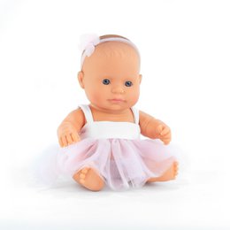 A 21cm European-style baby doll with a soft body, blue eyes, and a pink tulle dress.