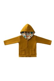 A double-sided reversible hoodie for kids, featuring a happy doodle print in vibrant colors. The hoodie is available in sizes from 3-6 months to 4-5 years.
