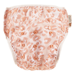 Peach-colored swim diaper with a roaring dinosaur design, suitable for kids.