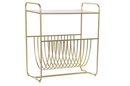  Gold metal magazine rack with mirror surface and wire storage compartment. Dimensions: 76x35x83 cm.