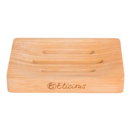 Rectangular bamboo soap dish with a natural, eco-friendly design.