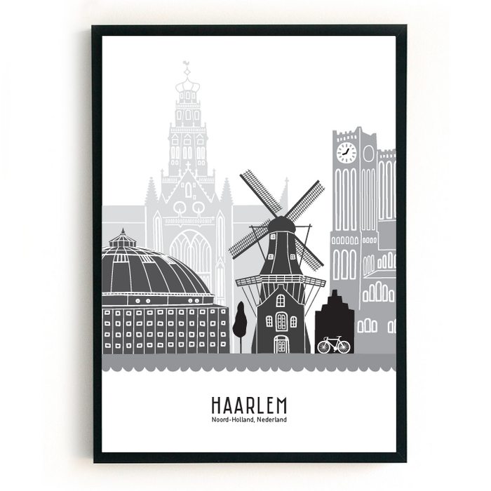 Poster skyline Haarlem zwart-wit-grijs