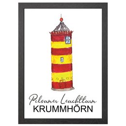 Colorful lighthouse poster with text "Pilsum Leuchtturm Krummhorn". The lighthouse features a striped design in red, yellow, and white colors. This wall art piece would be suitable for a coastal or nautical-themed decor.
