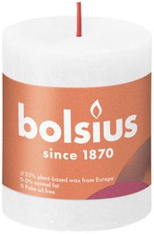 A tall, round white pillar candle with a red wick, made by Bolsius since 1870.
