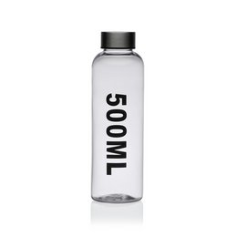 Transparent glass water bottle with black cap and "500ml" text printed on the bottle.