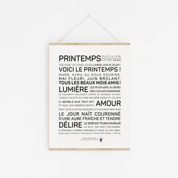 Poster featuring text in French with a minimalist, typographic design. The poster has a white background with black text, including the words "Printemps" and "Lumiere Amour". The poster is available in multiple sizes including mini (10.5x14.8), A2 (42x59.4), and A3 (29.7x42).