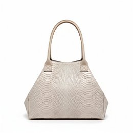 Beige leather tote bag with textured snake-skin pattern and dual handles.