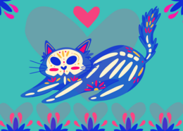 Colorful skeleton cat postcard with vibrant patterns and a heart design.