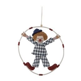 Blue cotton mobile with a clown figure holding hula hoops, suitable for a baby's music toy.