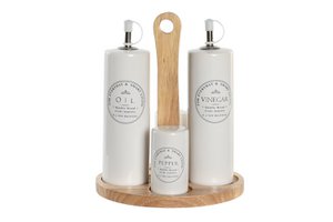 OIL VINEGAR POT SET 4 WOODEN STONEWARE 18X15X22 PC204952