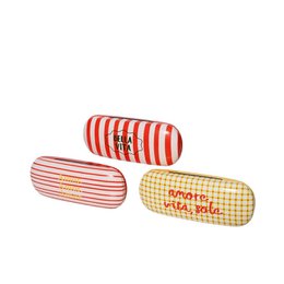  Red white striped cylindrical eyeglasses case, fabric material, text design, round tube shape