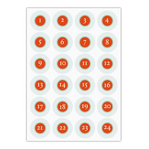 24 klassisch, reduzierte Advents Aufkleber mit den Zahlen 1 - 24 auf türkis, MATTE Papieraufkleber für Adventskalender(ø 45mm; 24 Zahlen) Farbe 2