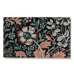 Floral doormat with intricate botanical pattern in shades of green, pink, and black.