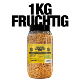  1kg jar of organic mango mustard. Bright yellow label with black text. Mustard product for cooking and seasoning.