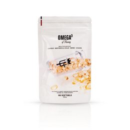 Omega3 supplement in a white pouch with yellow softgel capsules visible through the packaging. Contains 180 capsules.