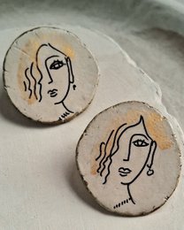 Hand painted papier-mache stud earrings, woman face design, beige natural color, minimalist art style, statement jewelry.