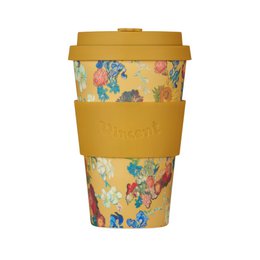 This travel cup features a floral pattern in shades of yellow, blue, and green. It has a bamboo lid and is made of durable, reusable material. The cup holds 400ml/14oz of liquid.