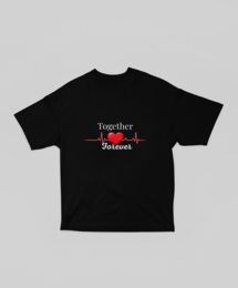  Oversized black and white t-shirt with "Together Forever" text and heart icon design. Available in a range of sizes from XS to 3XL, including ecru color options.