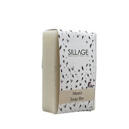 Vegan Greek traditional soap bar made with mastic, a natural resin with a distinctive aroma. The bar has a rectangular shape and a white color with a patterned design.