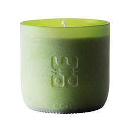 A matte green, sustainable scented candle in an upcycled wine bottle with a 60-hour burn time. The candle has a floral, earthy fragrance and is made from natural soy wax.